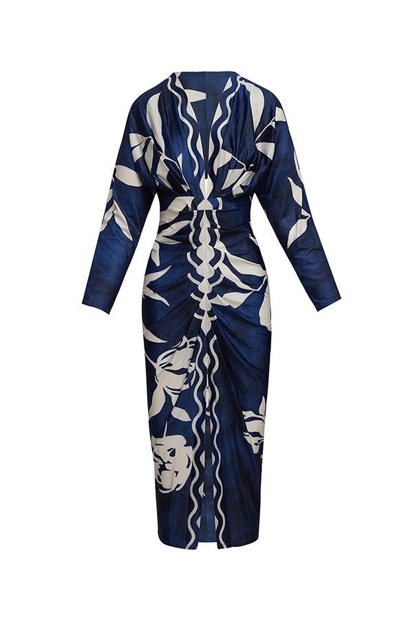 Unique Print Dolman Long Sleeve Ruched Slit Midi Dress