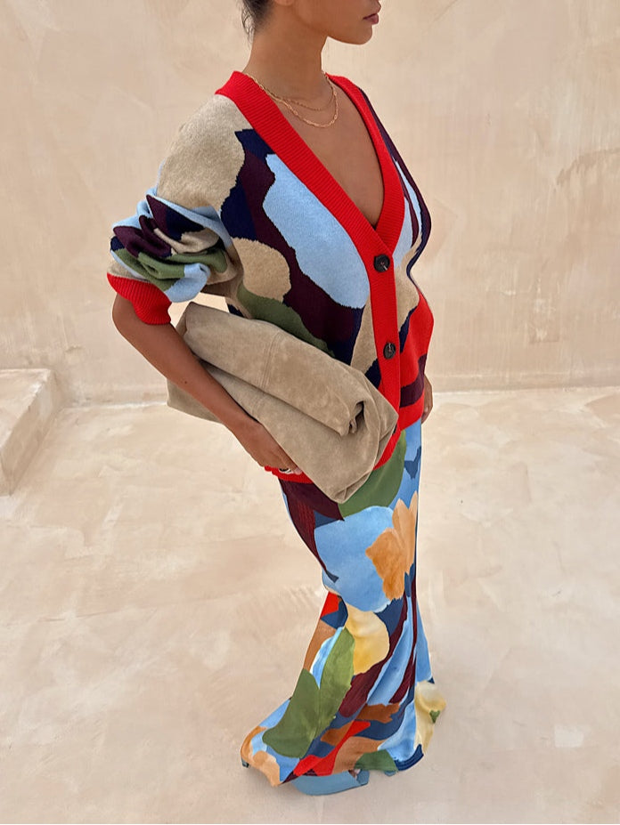 Abstract Geometric Pattern Knitted Jacket + Skirt Set