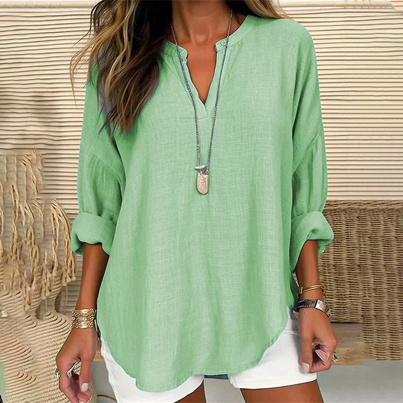 Solid Color V-Neck Long Sleeved Loose Casual Blouse