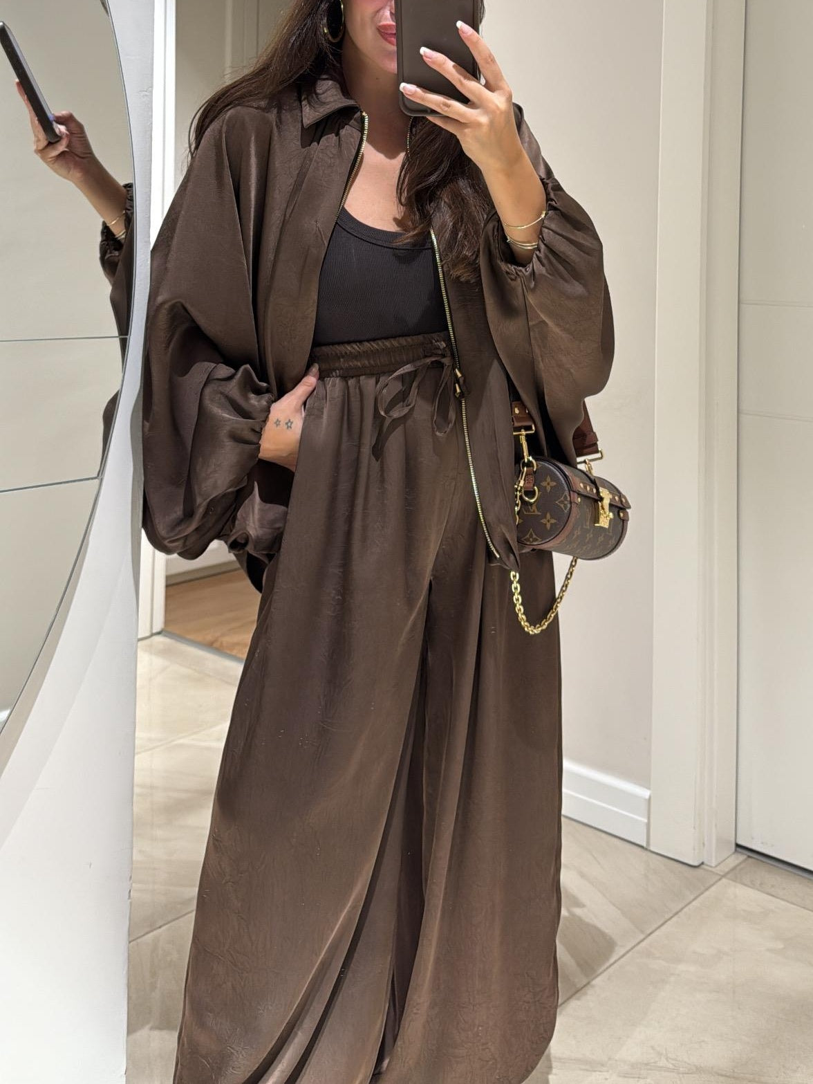 Brown Drawstring Wide-leg Casual Pants
