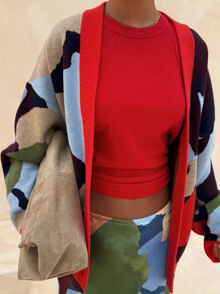 Abstract Geometric Pattern Knitted Jacket + Skirt Set